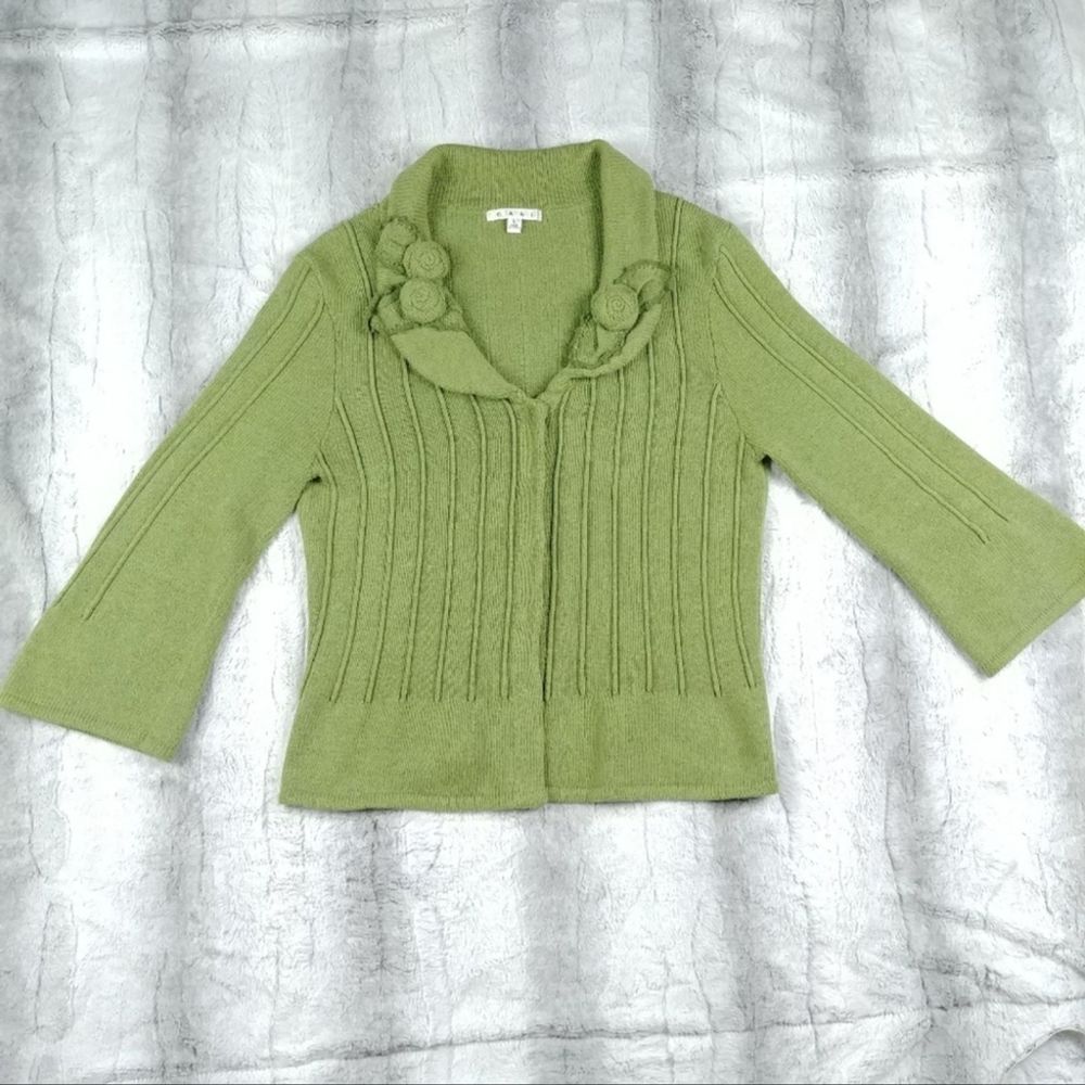CABI Green Apple Rosette Sweater Cardigan Size L